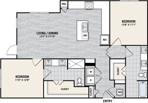 Floor plan for 2 beds, 2 baths, 1357 sqft